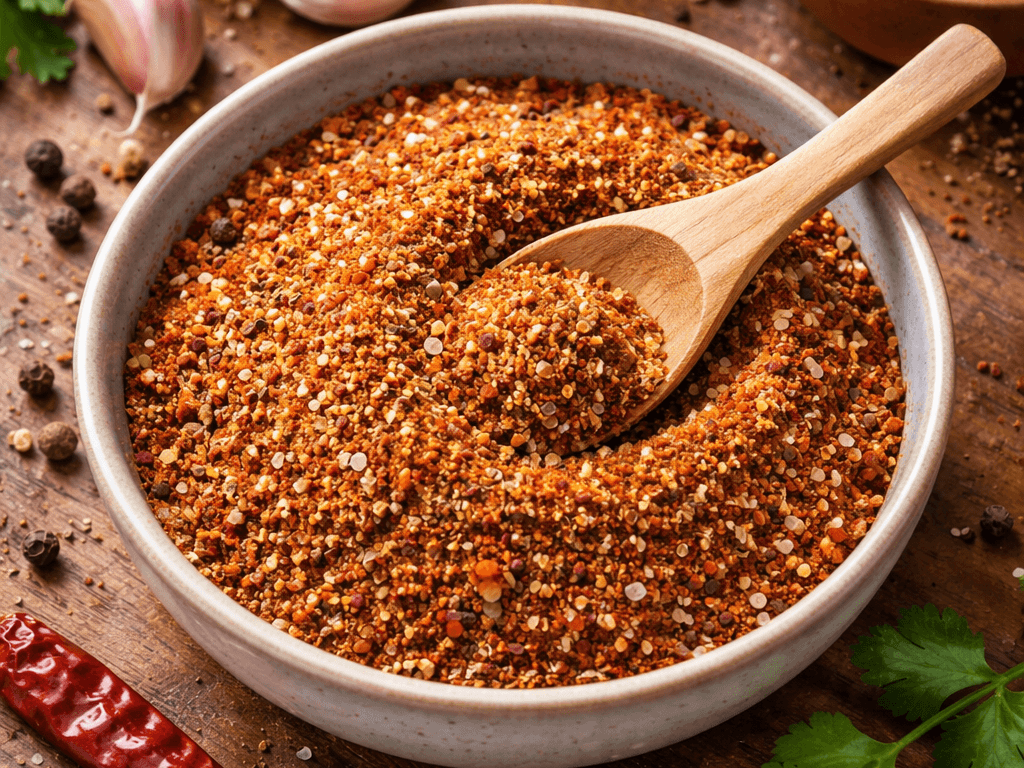 Close-up of a homemade Mexican spice mix in a ceramic bowl with garlic, chili peppers, lime, and herbs on a wooden surface