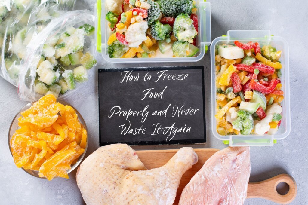 Frozen vegetables, chicken, and freezer containers demonstrating how to freeze food properly to preserve freshness, reduce food waste, and extend storage life.