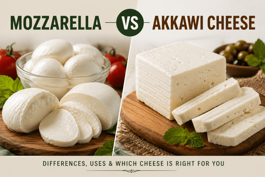 Side-by-side comparison of mozzarella and Akkawi cheese, highlighting their appearance, texture, and differences.