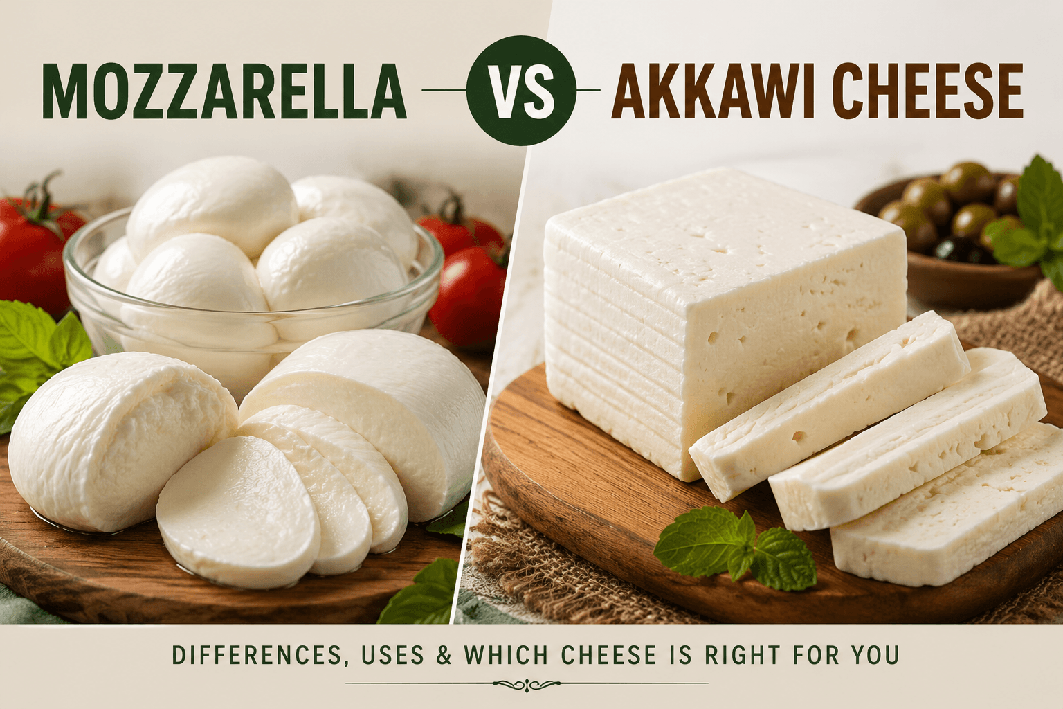 Side-by-side comparison of mozzarella and Akkawi cheese, highlighting their appearance, texture, and differences.