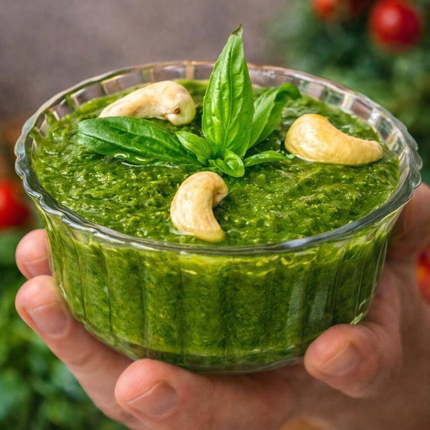 a powerful recipe of pesto sauce with cashew nuts poured in a bowl, decorated with half cashews and held by the hand of the chef