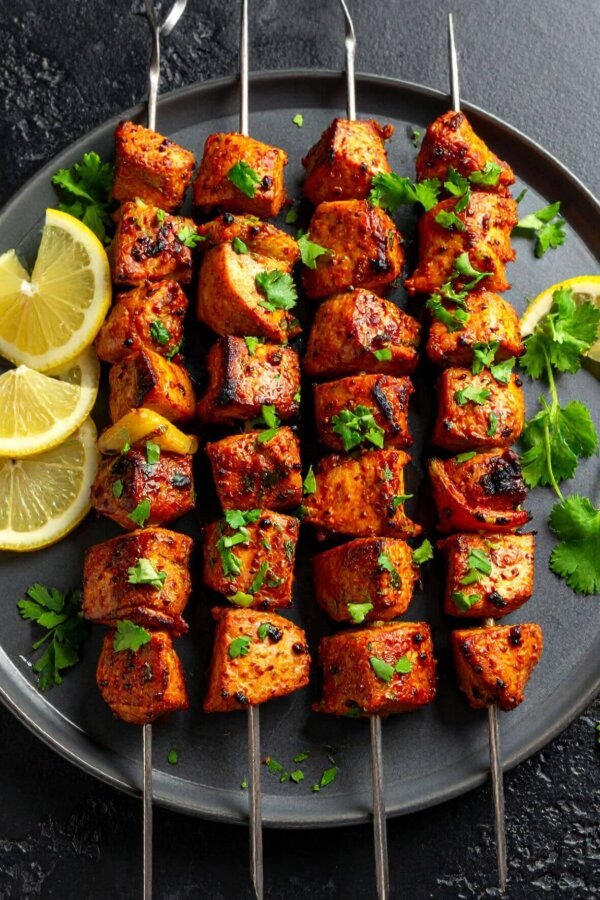 Authentic grilled chicken tawook skewers marinated with yogurt, garlic, and spices