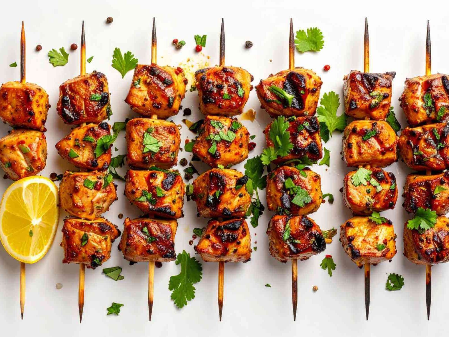 Juicy grilled chicken tawook skewers with charred edges and fresh parsley