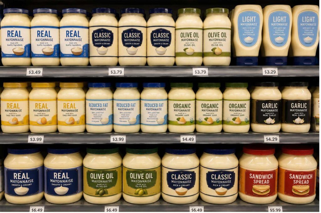 Selection of store-bought mayonnaise jars displayed on a supermarket shelf