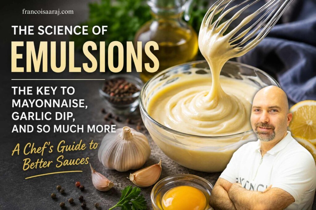 Whisk lifting a creamy mayonnaise emulsion from a bowl surrounded by garlic, egg yolk, lemon, mustard, and oil, illustrating how to create a stable emulsion.