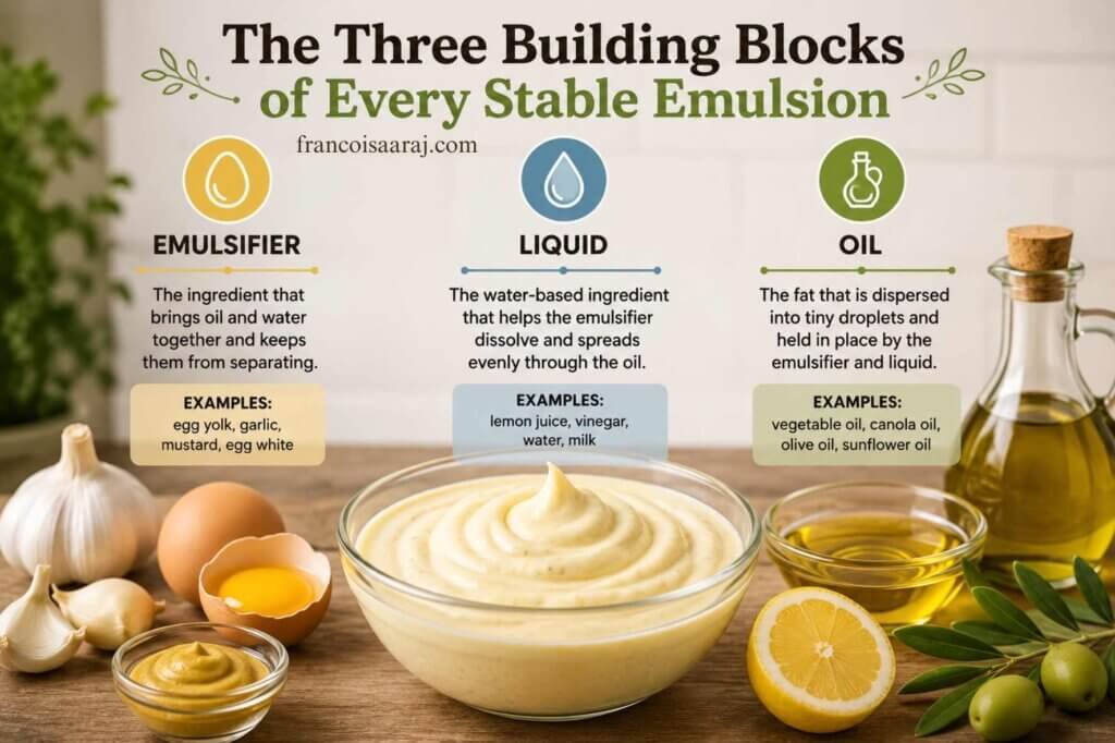 Infographic explaining the three building blocks of a stable emulsion with mayonnaise, oil, liquid, and natural emulsifiers such as egg yolk, garlic, and mustard.