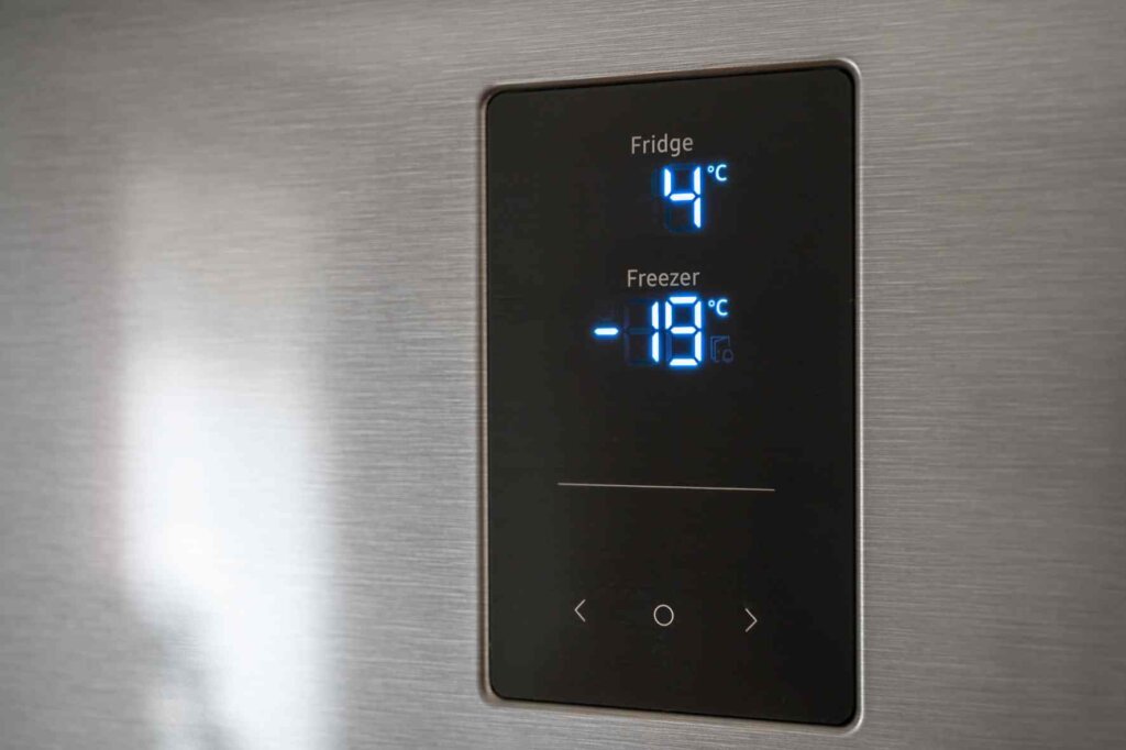 Digital refrigerator display showing a fridge temperature of 4°C and a freezer temperature of −18°C