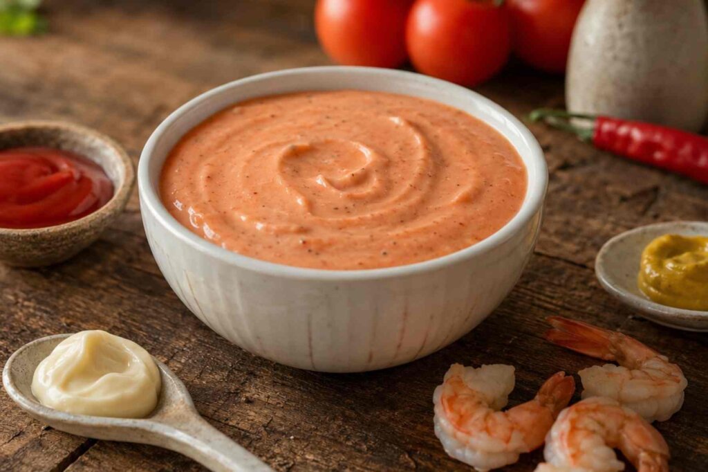 Creamy homemade cocktail sauce served with shrimp on a rustic wooden table