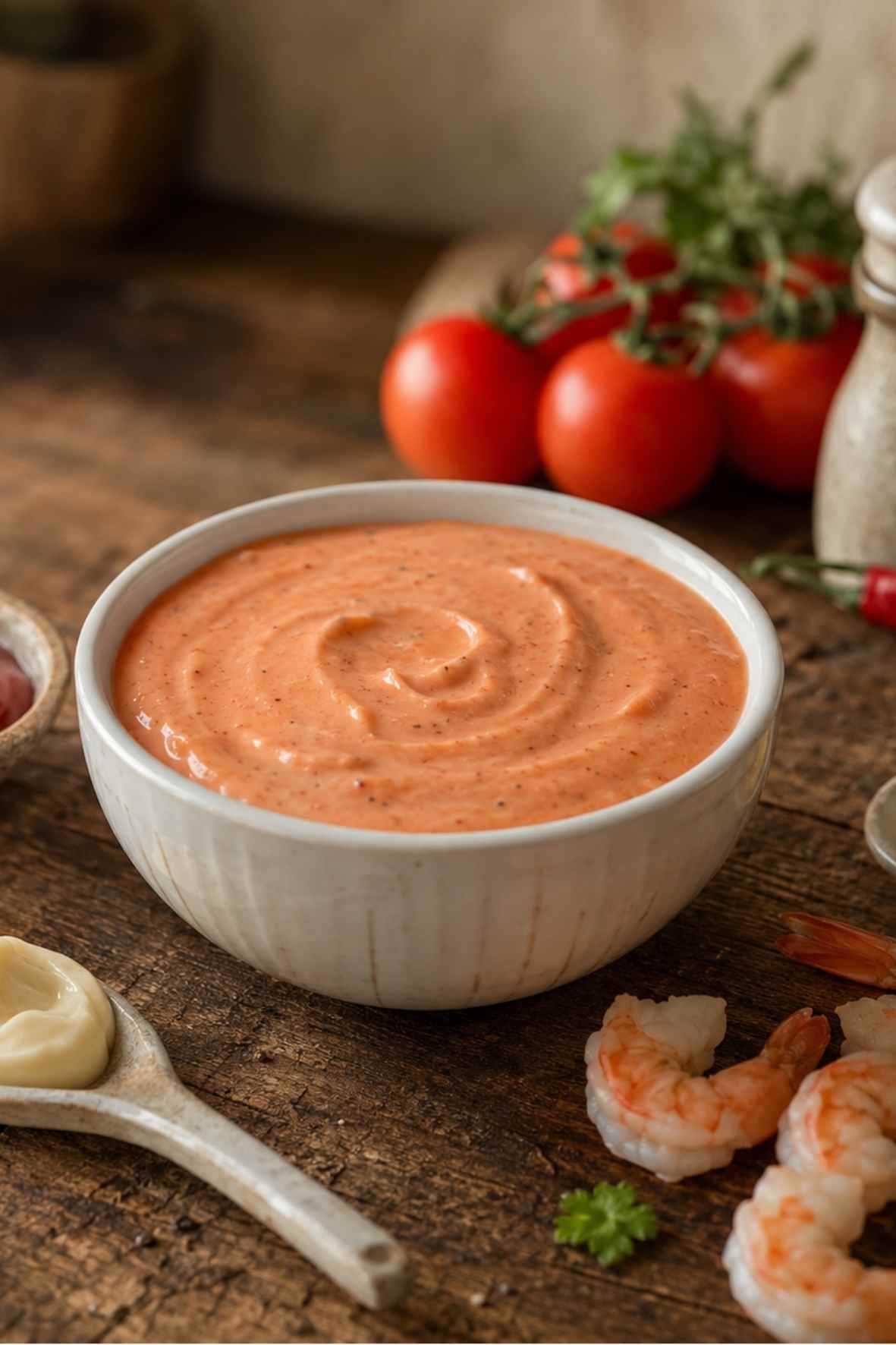 Homemade creamy cocktail sauce served with shrimp on a rustic wooden table
