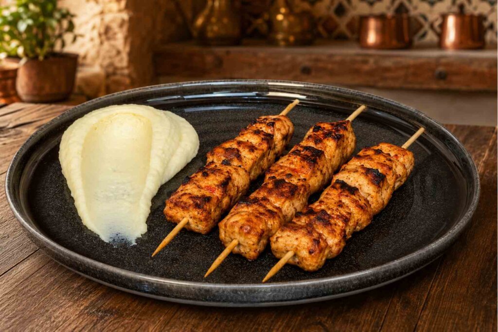 Mashed potato purée served with three grilled shish tawook skewers in a Lebanese kitchen.