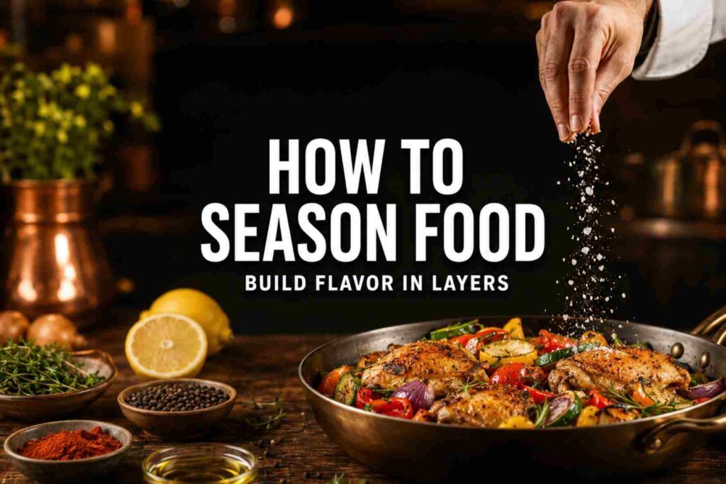 A chef seasoning golden chicken and colorful vegetables with salt, herbs, spices, lemon, and olive oil.