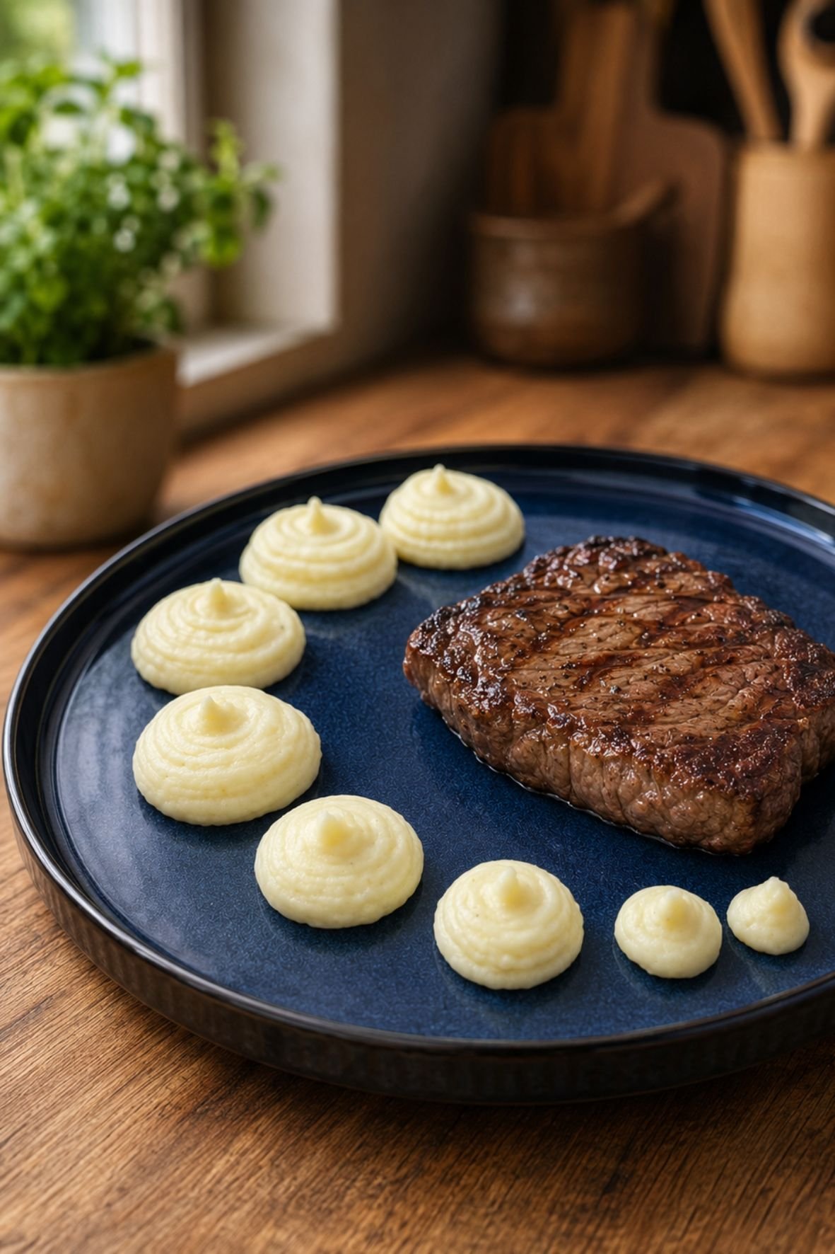 Creamy mashed potato purée piped around a grilled steak on a dark plate.