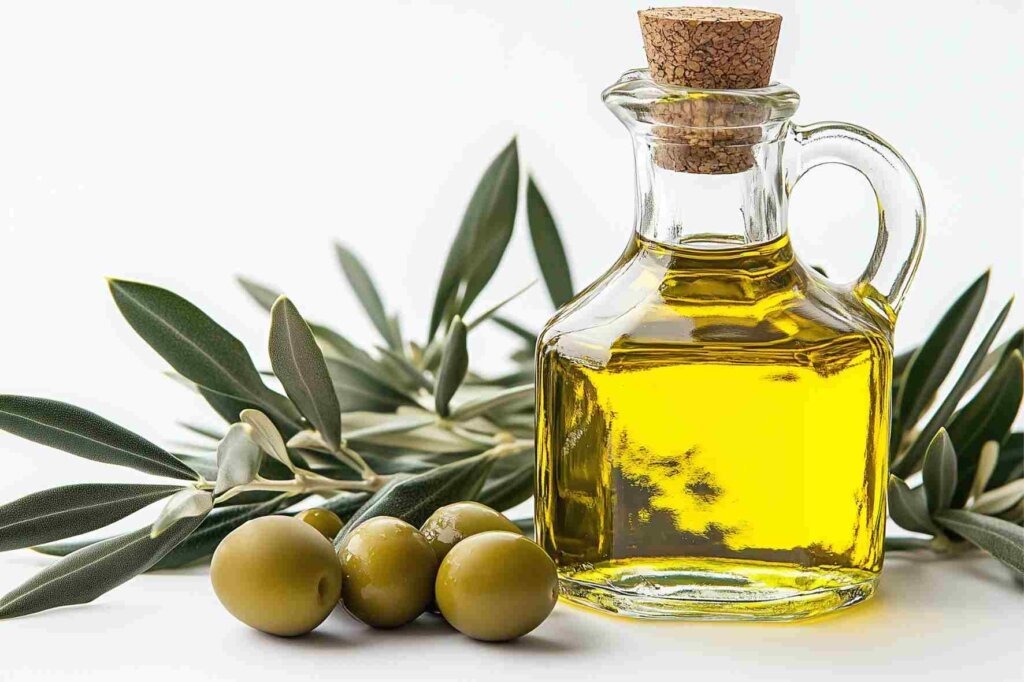 A glass bottle of golden olive oil surrounded by green olives and fresh olive branches.
