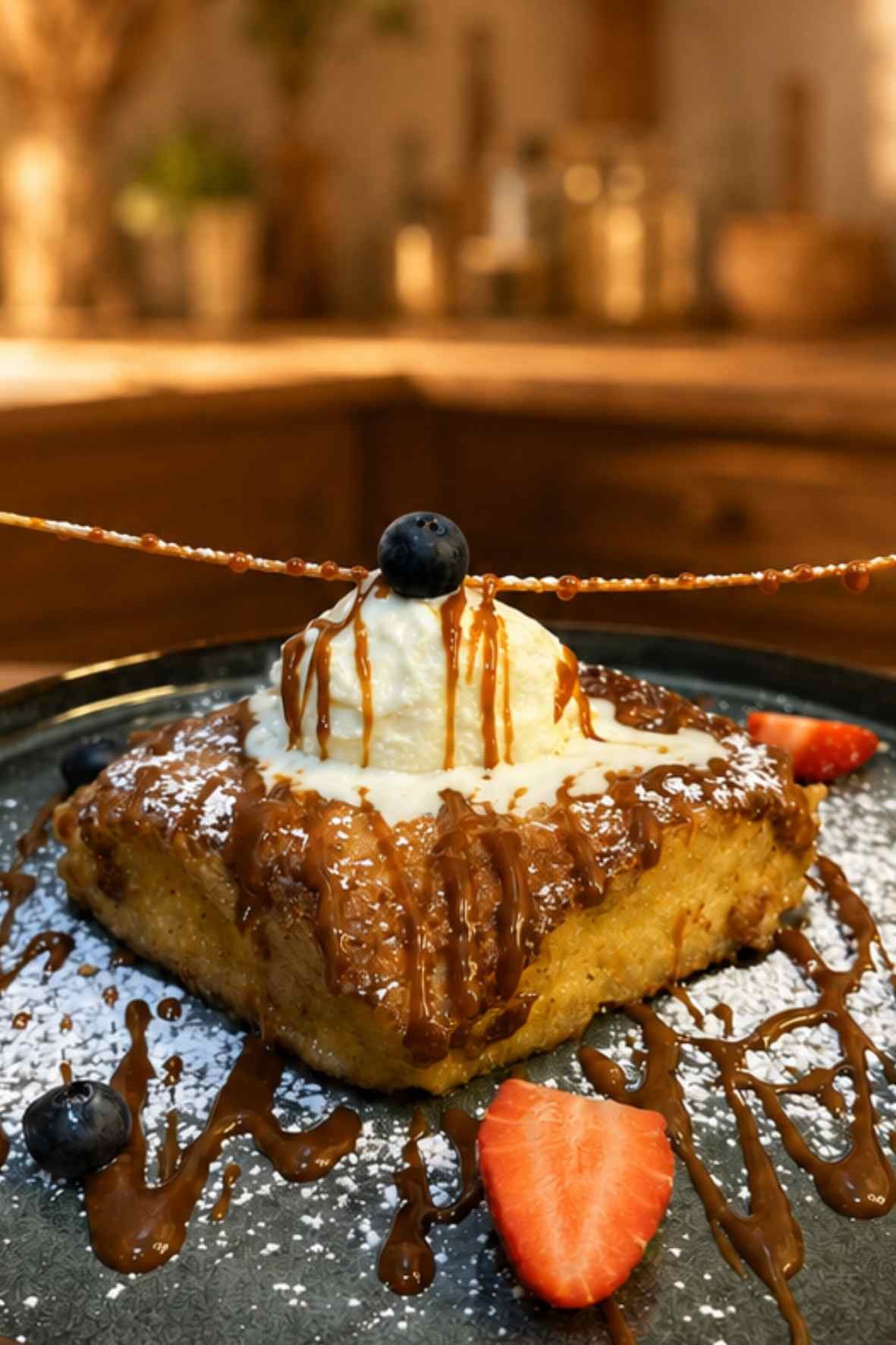 Homemade pain perdu French toast topped with vanilla ice cream and caramel sauce on a warm wooden kitchen table.