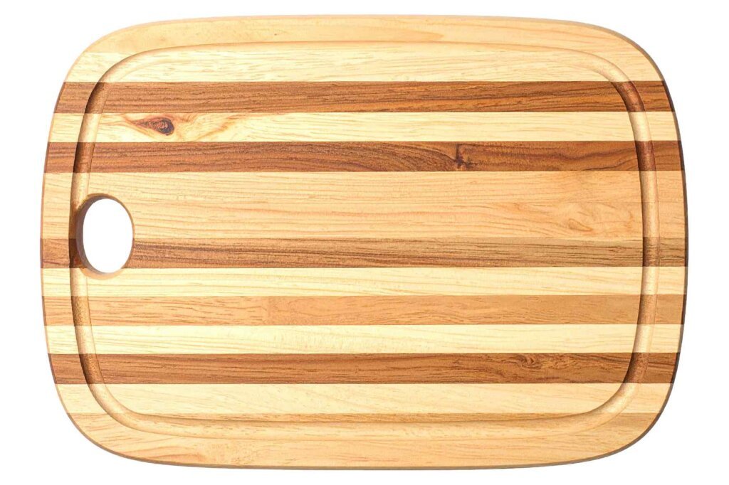 Striped wooden cutting board with a juice groove and carrying handle.