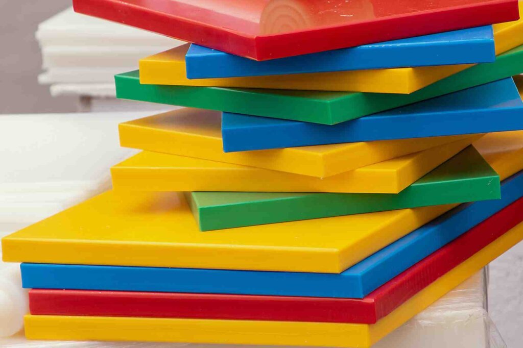 Stack of red, yellow, blue, and green plastic cutting boards in a professional kitchen.