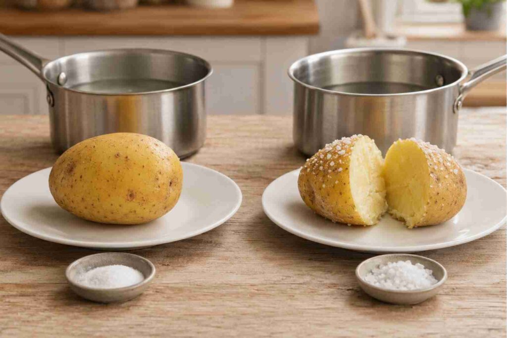 Side-by-side potato test comparing a potato cooked in seasoned water with one salted only after cooking.
