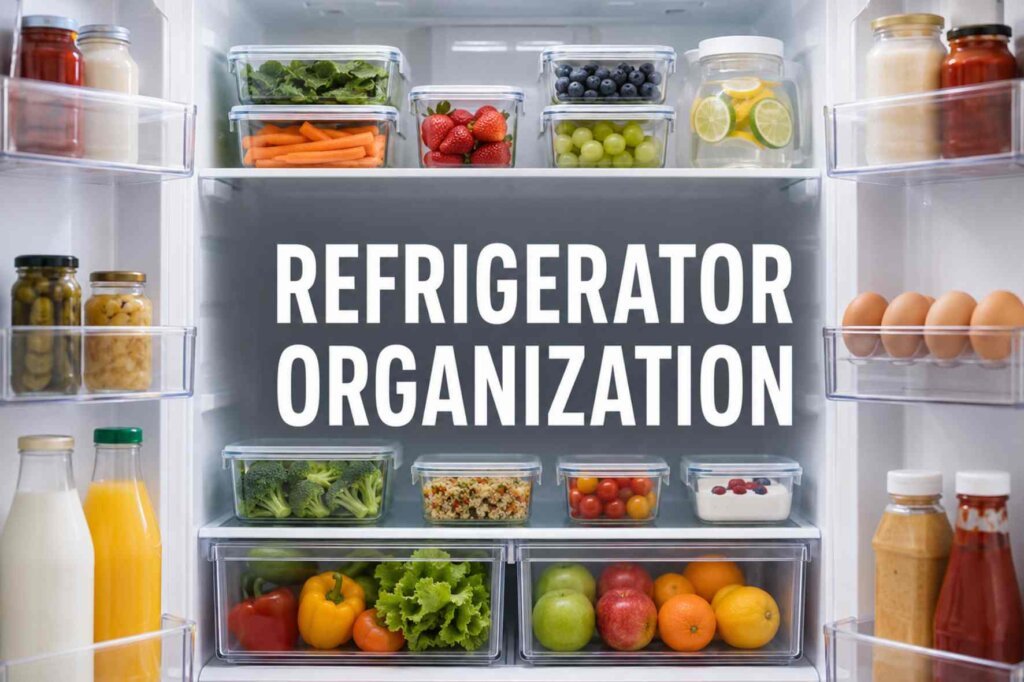 Refrigerator organization with fresh food, labeled containers, sauces, dairy products, and sealed raw meat arranged neatly