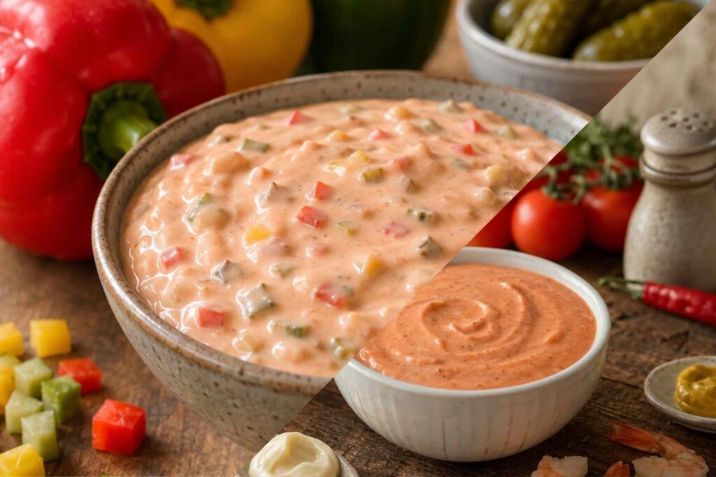 Side-by-side comparison of chunky Thousand Island dressing and smooth cocktail sauce in bowls.