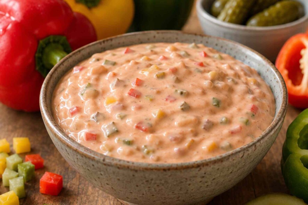 Close-up of homemade Thousand Island dressing with diced colored peppers and cucumber pickles.