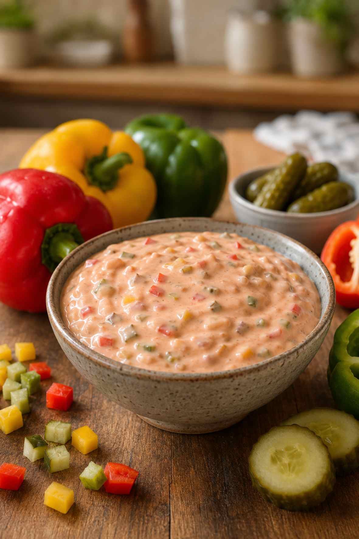 Homemade Thousand Island dressing in a ceramic bowl surrounded by colored bell peppers and cucumber pickles.
