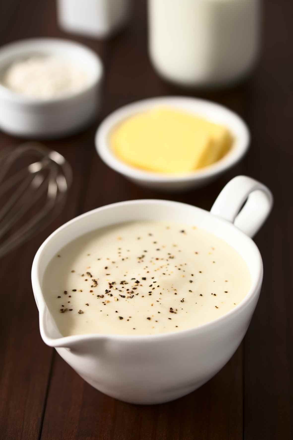 Homemade béchamel sauce served in a white jug with butter, flour, and milk in the background.