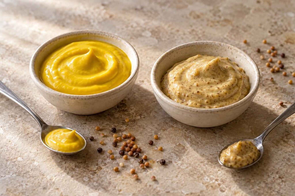 Two bowls of mustard side by side: smooth yellow mustard and grainy Dijon mustard for the honey mustard sauce