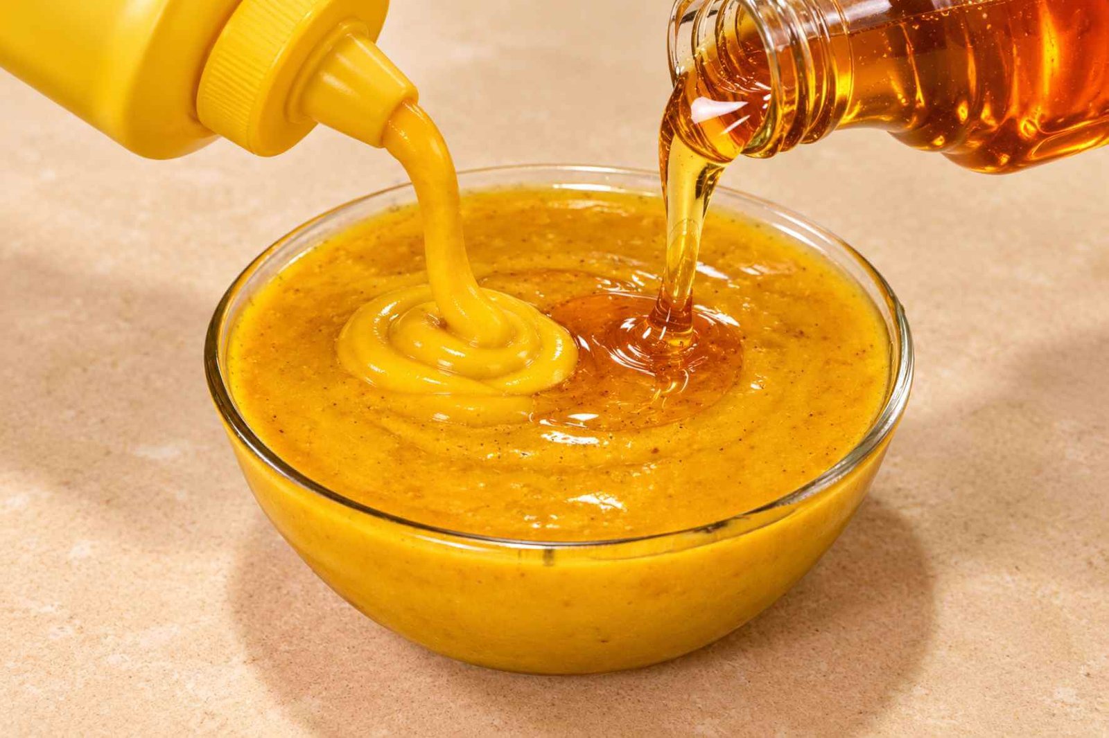 Honey and mustard being poured into a glass bowl of homemade honey mustard sauce