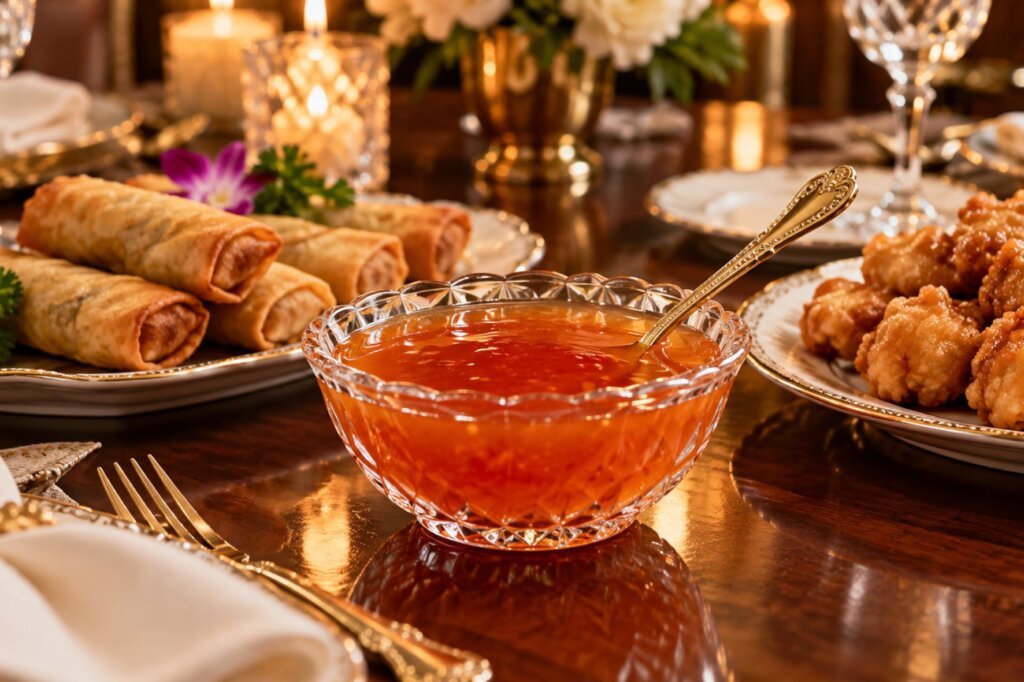 Homemade sweet and sour dip in a crystal bowl served with spring rolls and crispy chicken on an elegant dining table