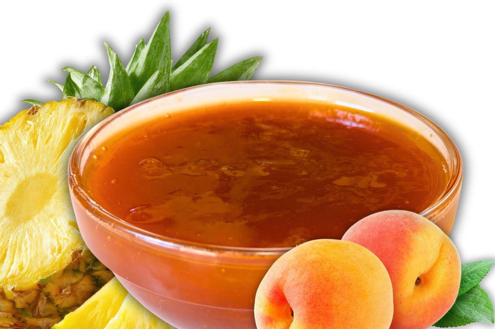 Homemade sweet and sour dip in a glass bowl with fresh pineapple and apricots