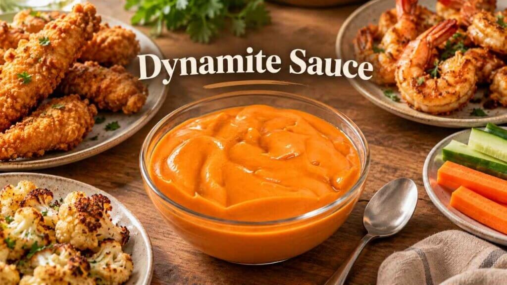 Creamy orange dynamite sauce in a glass bowl surrounded by crispy chicken, shrimp, roasted cauliflower, carrot sticks and cucumber.