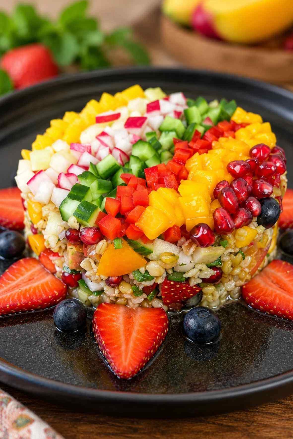 Freekeh colorful salad with fruits, mango, pomegranate, strawberries, blueberries, and fresh vegetables, elegantly plated on a black dish.
