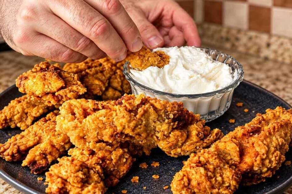 Golden air fried crispy chicken on a dark plate, with a hand dipping a piece into creamy Lebanese garlic dip.