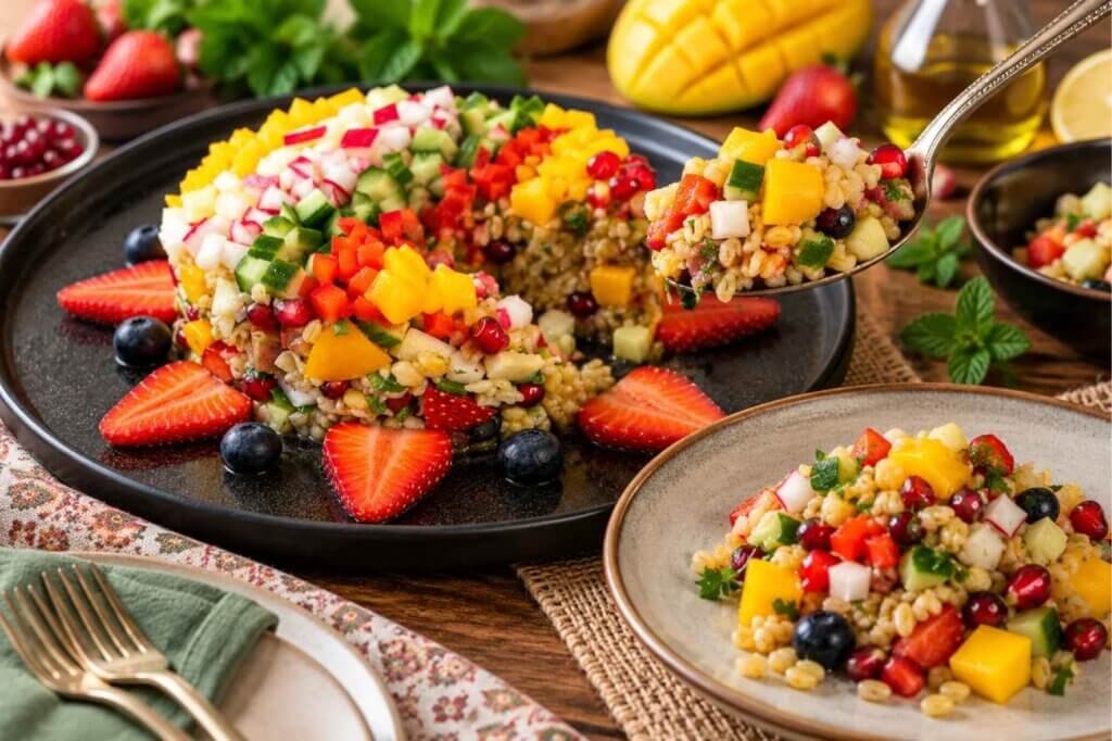 A spoon serving colorful freekeh salad with mango, pomegranate, strawberries, and fresh vegetables from a black platter onto an individual plate.