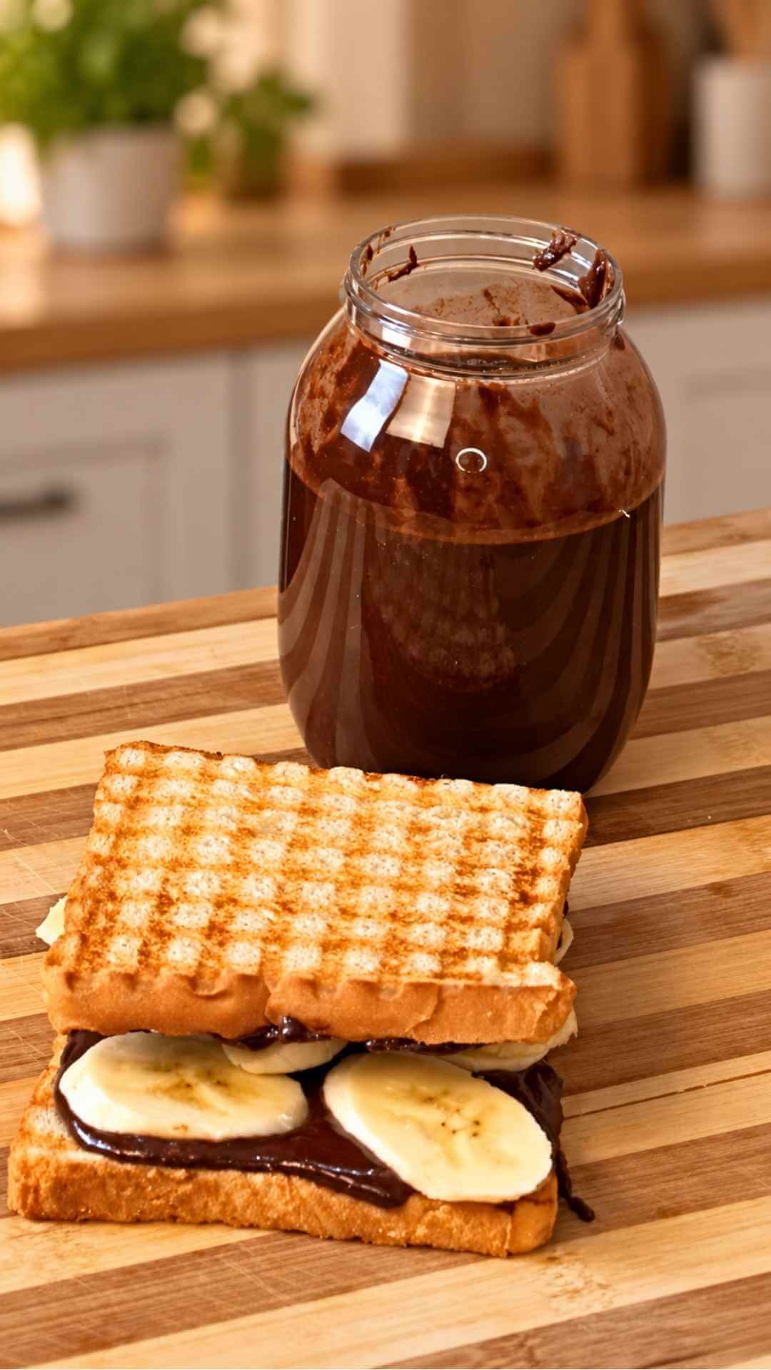 Jar of homemade hazelnut chocolate spread behind a toasted banana and chocolate sandwich on a striped wooden cutting board.