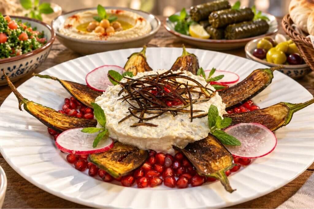 Eggplant mtabbal garnished with roasted baby eggplants, pomegranate, radish, and mint, with Lebanese mezze and pita bread in the background.