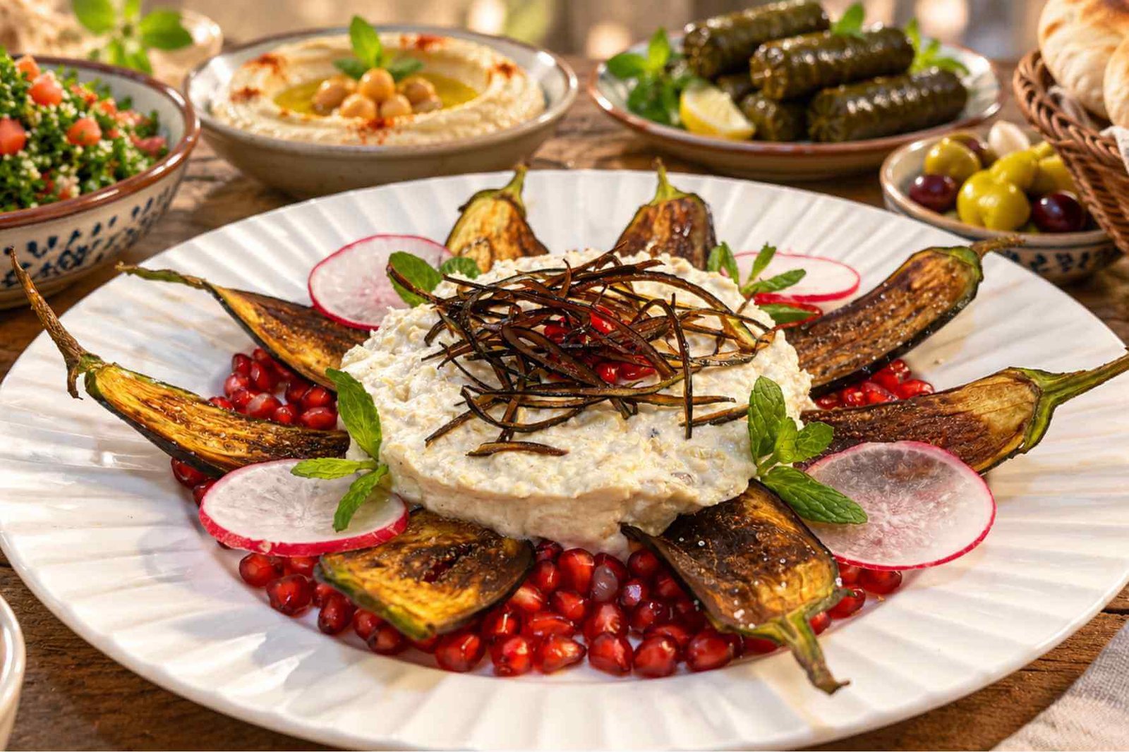 Eggplant mtabbal garnished with roasted baby eggplants, pomegranate, radish, and mint, with Lebanese mezze and pita bread in the background.