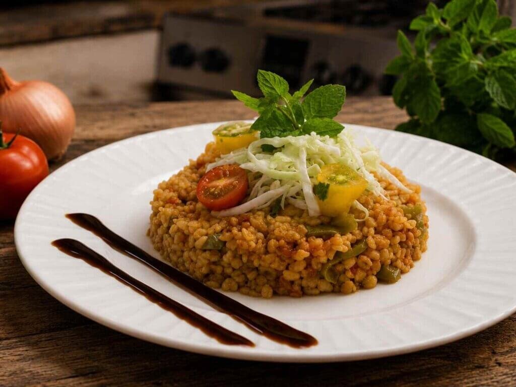 Authentic Lebanese tomato bulgur pilaf served on a rustic wooden table with fresh mint, tomatoes, onions, and a traditional Lebanese kitchen background.